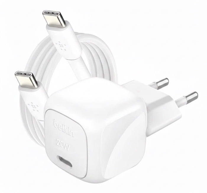 Chargeur secteur USB-C Belkin BoostCharge 20 W Blanc + câble USB-C vers USB-C 1 m