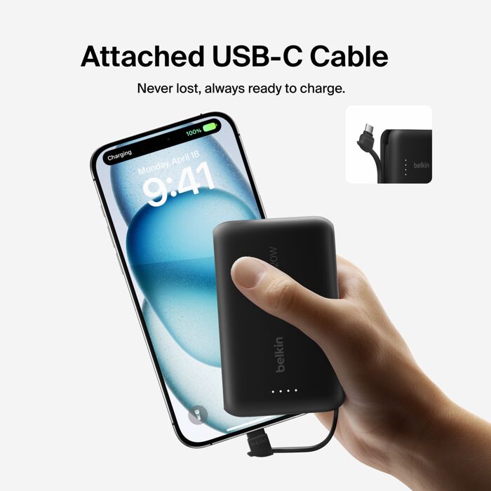 BoostCharge-Power Bank 10K with Integrated Cable- NOIR