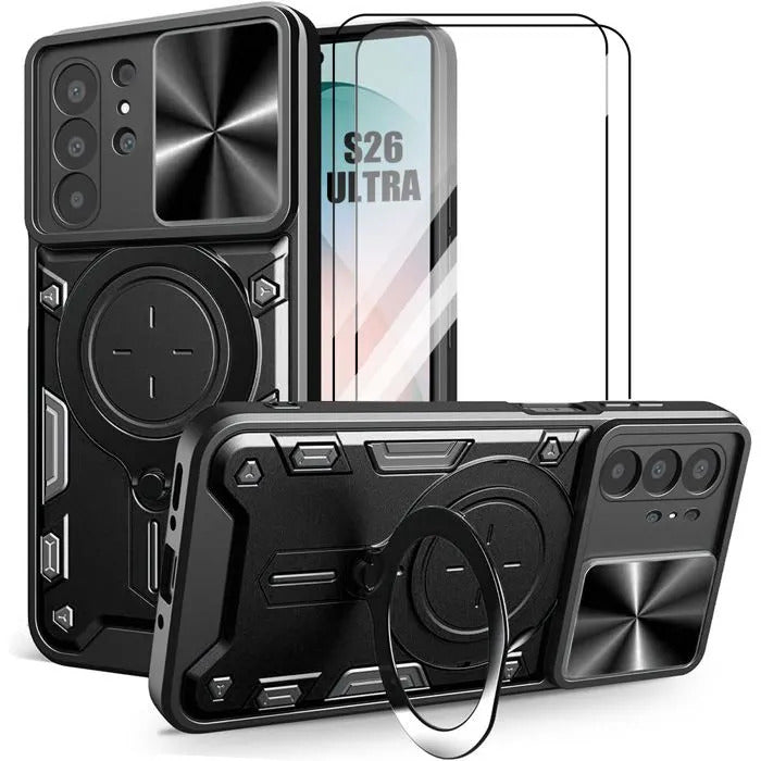 Coque Samsung Galaxy S26 Ultra avec Protection Caméra et Support Rotatif Rose/Noir