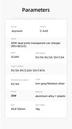 Joyroom mini double port USB Type C / USB 20 W 3 A chargeur de voiture intellige – Image 4