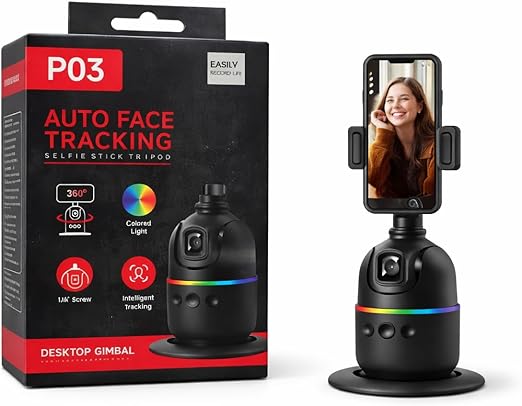 Support à selfie P03 noir avec smartphone, suivi automatique du visage en action