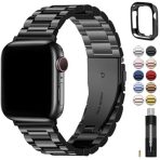 Bracelet Fullmosa en métal compatible avec les Apple Watch de 42 / 43/44/ 46 /47/ 418/ 49/  Bracelet avec boîtier Couleur : noir